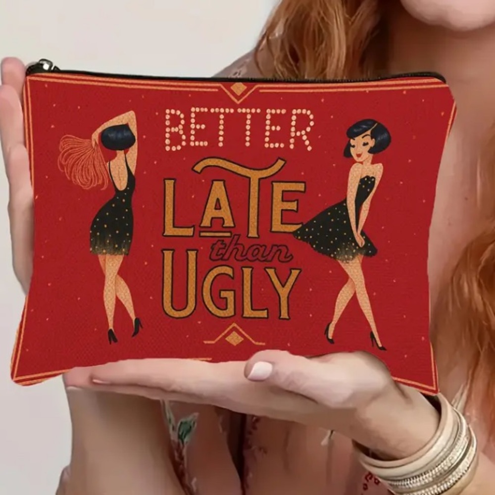 Source Unknown Red Retro 'Better Late Than Ugly' Cosmetic Pouch